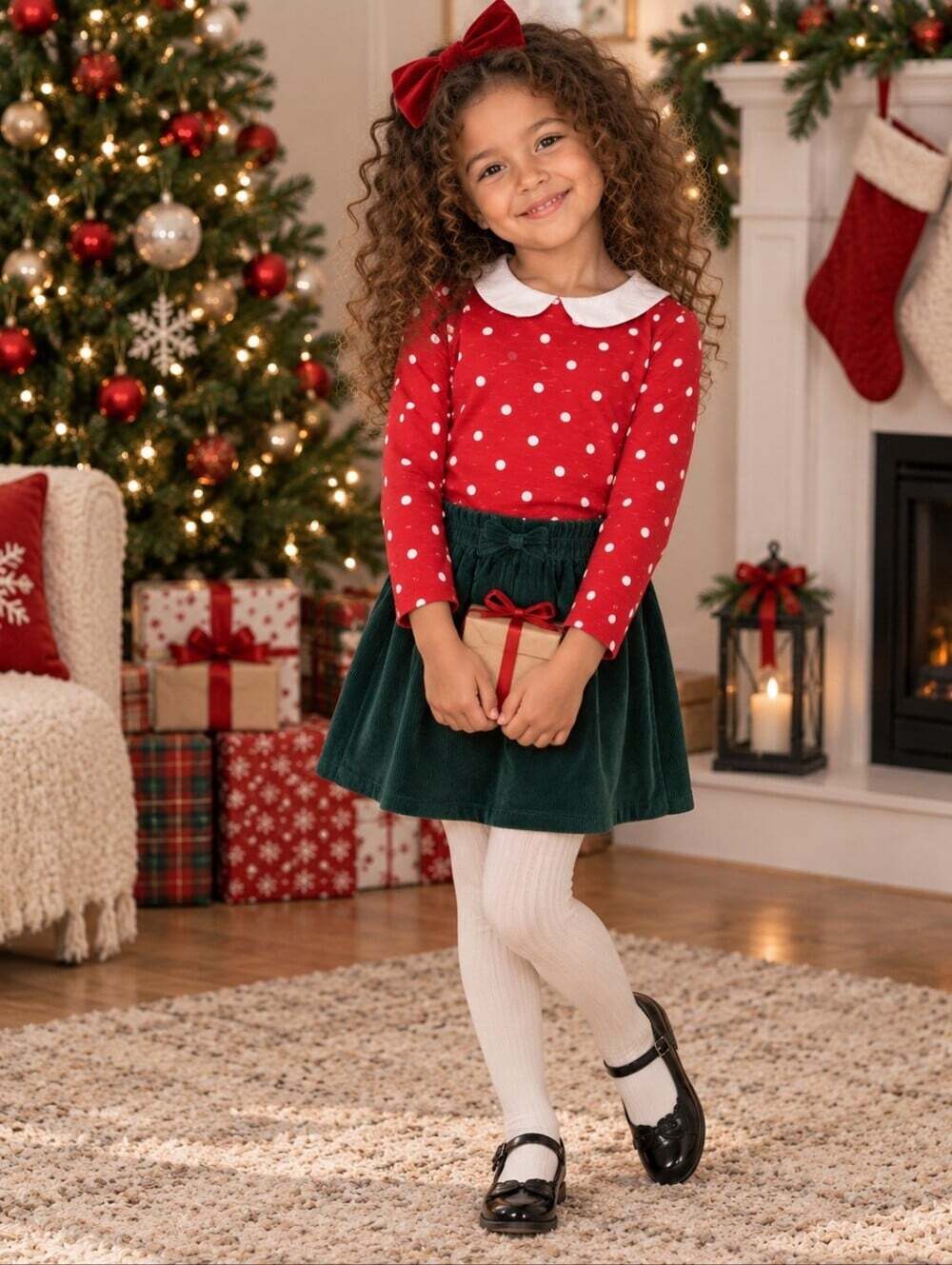 H&M Girls Red Polka Dot Peter Pan Collar Top Size 6-8 Holiday Christmas